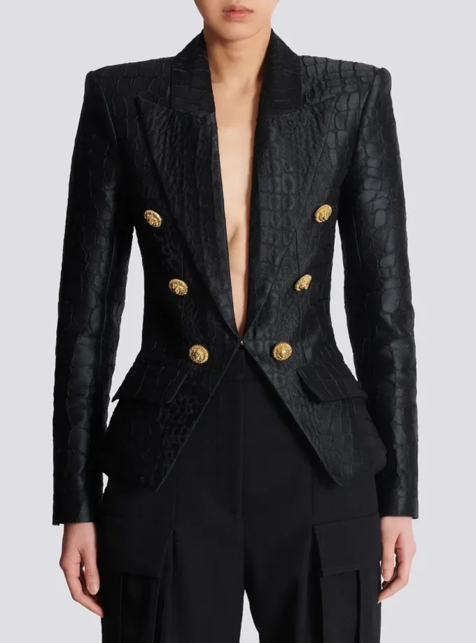 6-Knopf-Jacke aus Krokodil-Jacquard 6-Knopf-Jacke aus Krokodil-Jacquard