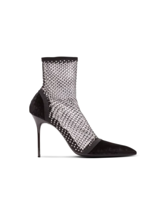 Ankle Boots mit Mesh-Absatz, Samt und Strasssteinen