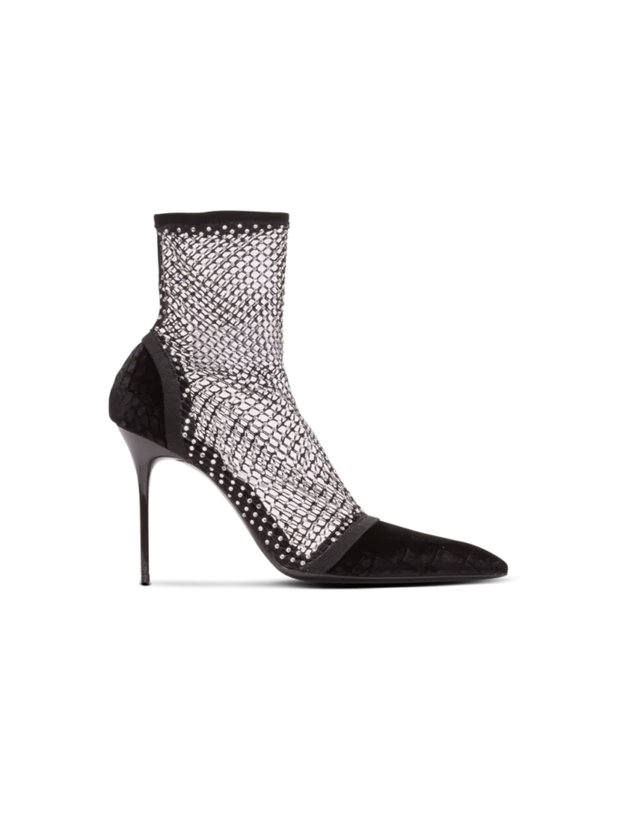 Ankle Boots mit Mesh-Absatz, Samt und Strasssteinen Ankle Boots mit Mesh-Absatz, Samt und Strasssteinen