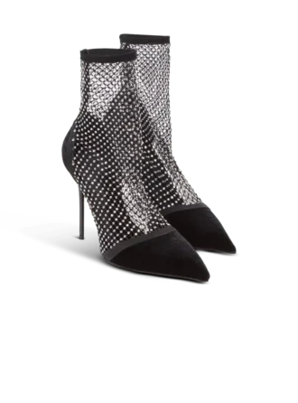 Ankle Boots mit Mesh-Absatz, Samt und Strasssteinen