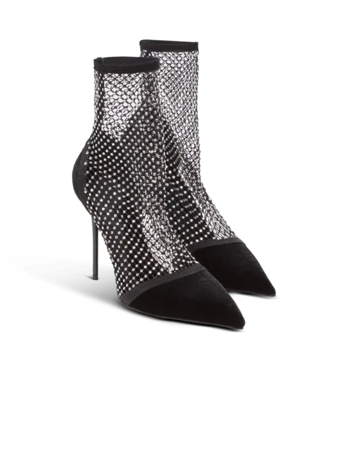 Ankle Boots mit Mesh-Absatz, Samt und Strasssteinen Ankle Boots mit Mesh-Absatz, Samt und Strasssteinen