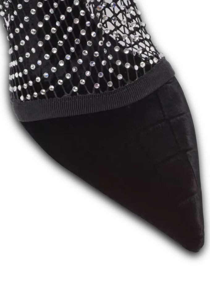 Ankle Boots mit Mesh-Absatz, Samt und Strasssteinen Ankle Boots mit Mesh-Absatz, Samt und Strasssteinen