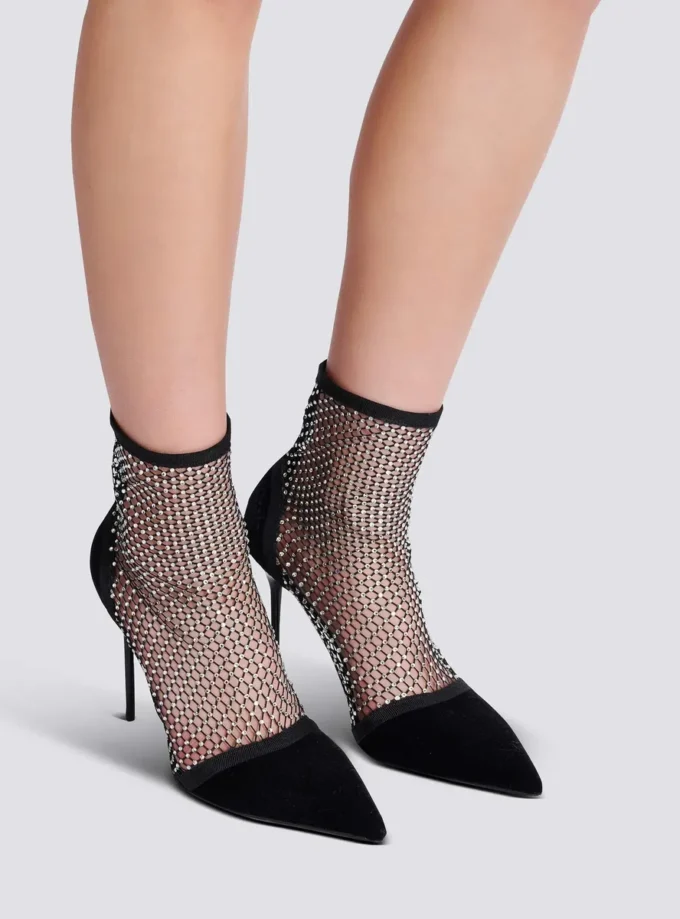 Ankle Boots mit Mesh-Absatz, Samt und Strasssteinen Ankle Boots mit Mesh-Absatz, Samt und Strasssteinen