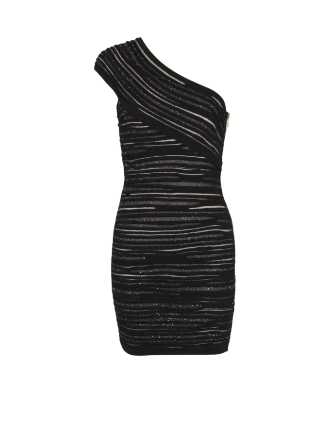 Asymmetrisches Kleid aus glänzendem Rollstrick Asymmetrisches Kleid aus glänzendem Rollstrick
