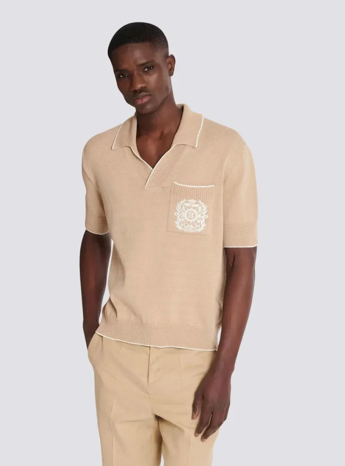 Balmain Écusson besticktes Strick-Poloshirt Balmain Écusson besticktes Strick-Poloshirt