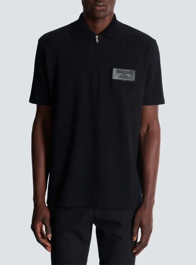 Baumwoll-Poloshirt mit Lederlabel von Balmain Couture