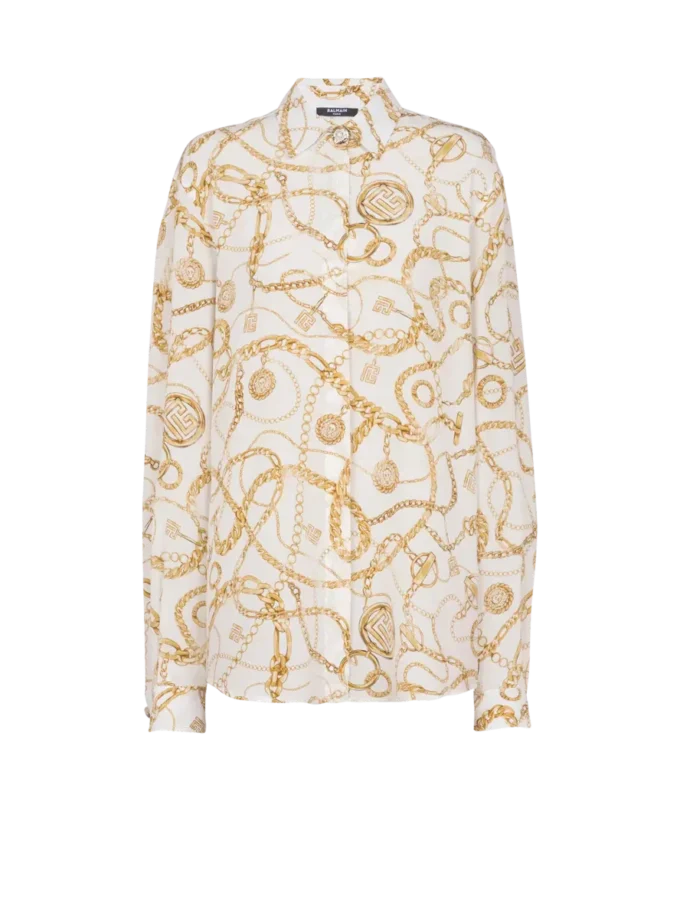 Bedrucktes Seidenhemd mit Balmain-Kettenmuster Bedrucktes Seidenhemd mit Balmain-Kettenmuster