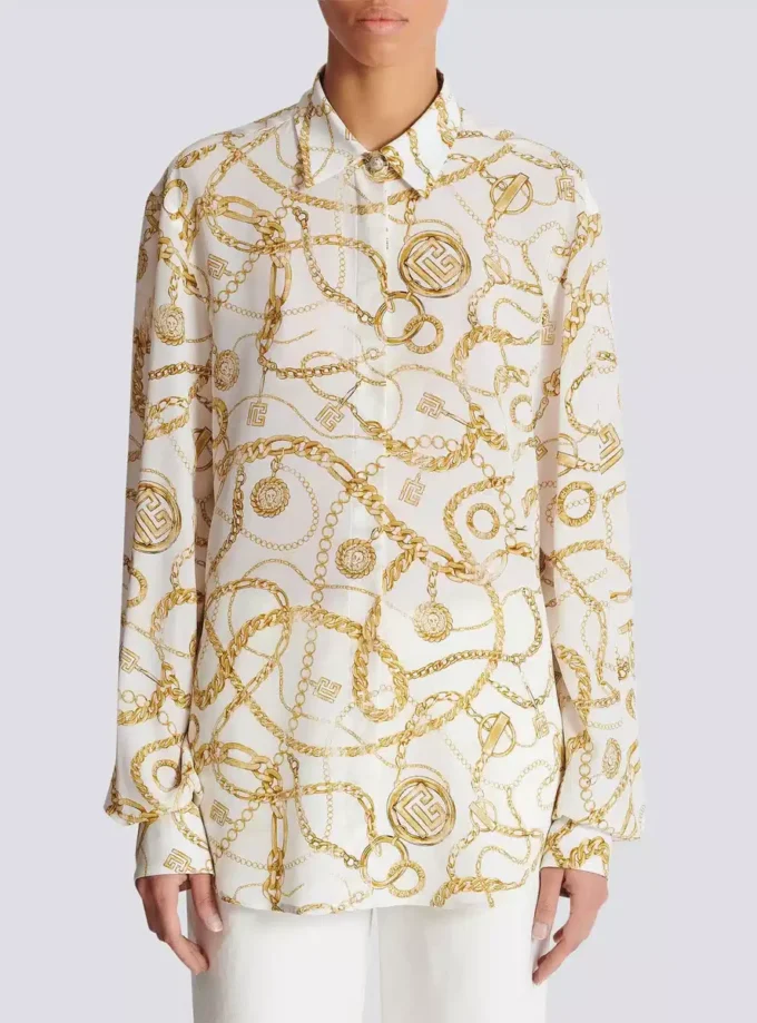Bedrucktes Seidenhemd mit Balmain-Kettenmuster Bedrucktes Seidenhemd mit Balmain-Kettenmuster