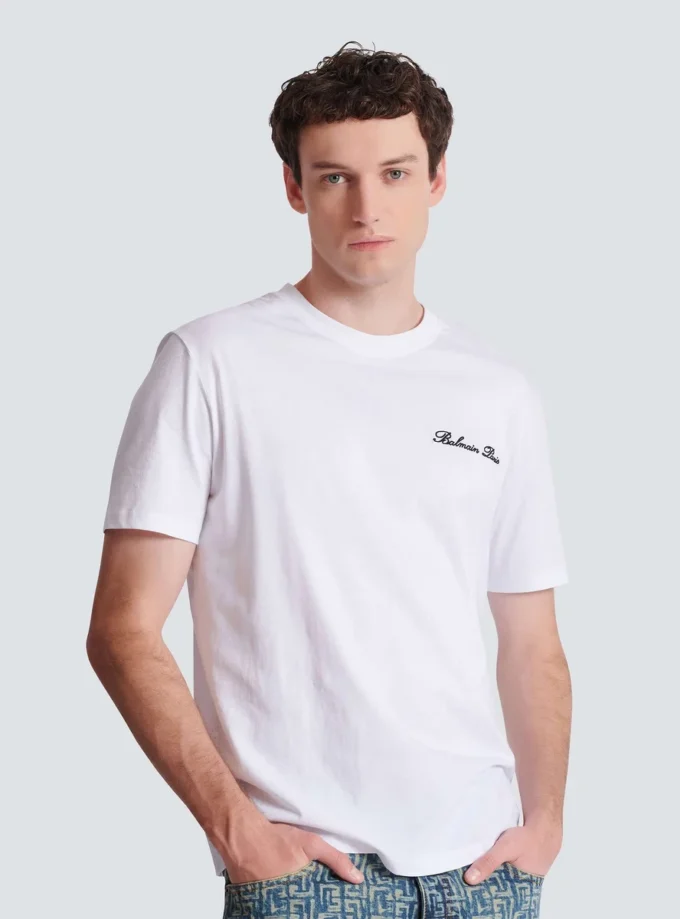 Besticktes T-Shirt mit Balmain-Signatur Besticktes T-Shirt mit Balmain-Signatur