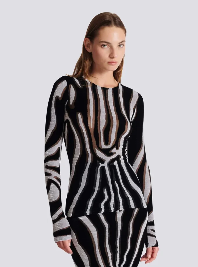 Bodycon-Top aus Samt mit Zebra-Print