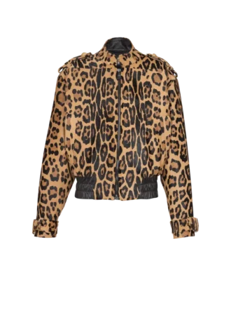 Bomberjacke aus Leder im Ponyfell-Stil mit Leopardenmuster
