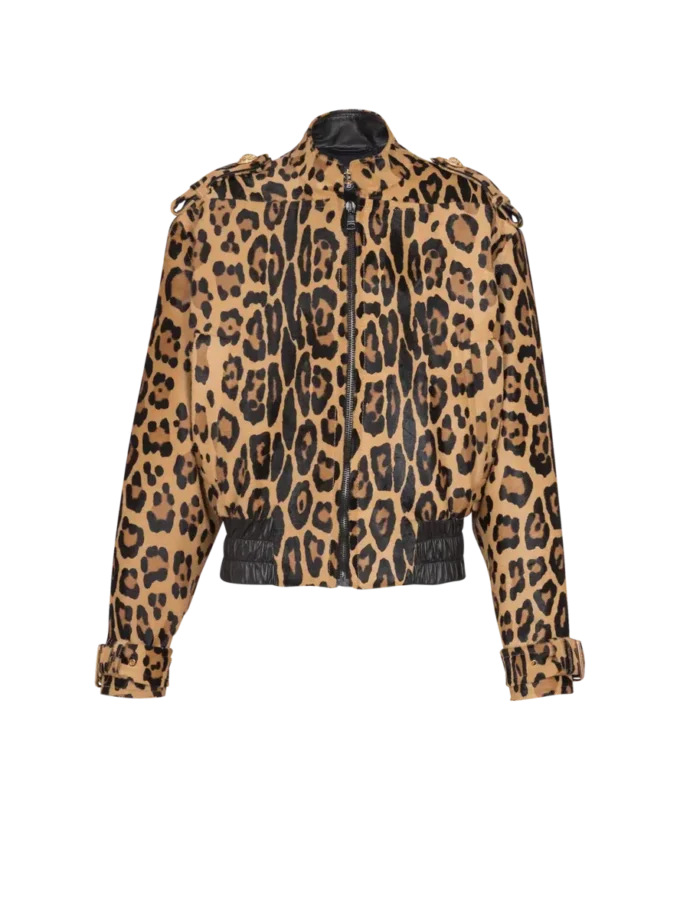 Bomberjacke aus Leder im Ponyfell-Stil mit Leopardenmuster Bomberjacke aus Leder im Ponyfell-Stil mit Leopardenmuster