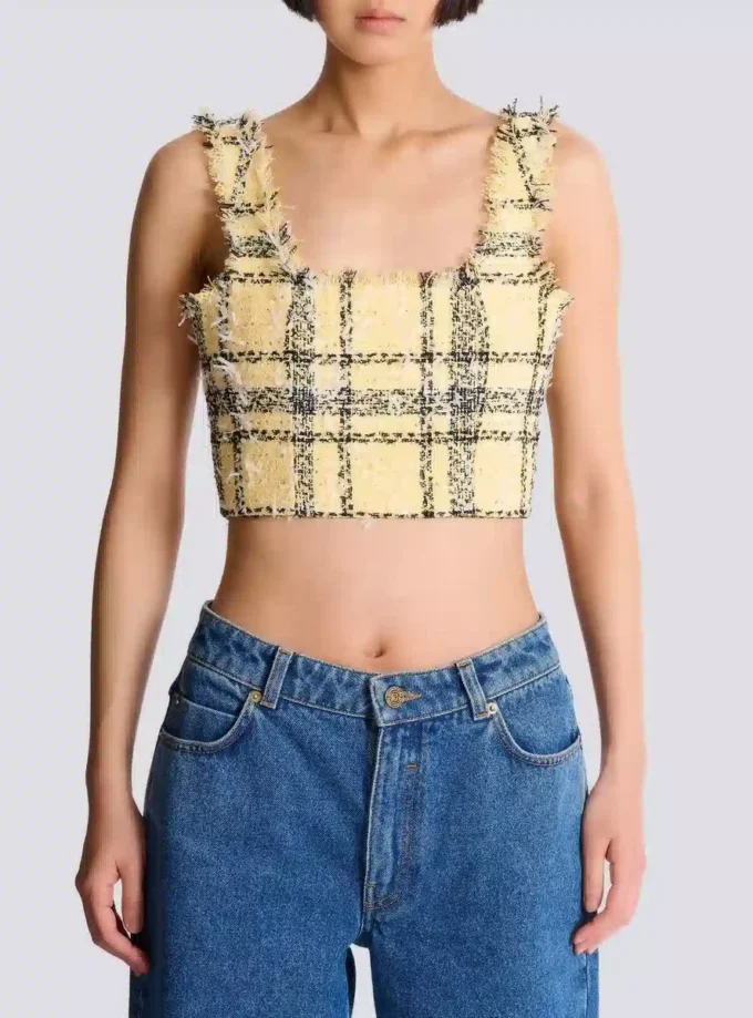 Crop-Top aus glitzerndem Tweed mit Karomuster Crop-Top aus glitzerndem Tweed mit Karomuster