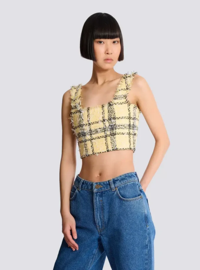 Crop-Top aus glitzerndem Tweed mit Karomuster Crop-Top aus glitzerndem Tweed mit Karomuster