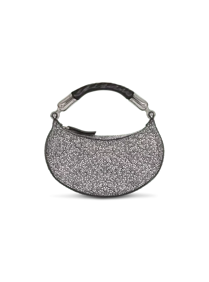Ebene Mini-Tasche aus Wildleder und Kristallen