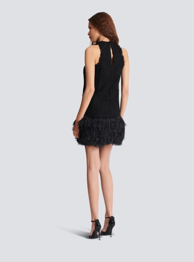 Fließendes Kleid aus Spitze und Federn Fließendes Kleid aus Spitze und Federn