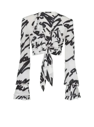 Geknotetes Crop-Shirt mit Rüschen und Liebesbrief-Print Geknotetes Crop-Shirt mit Rüschen und Liebesbrief-Print