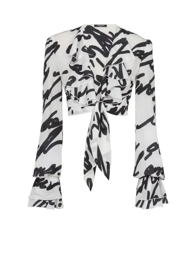 Geknotetes Crop-Shirt mit Rüschen und Liebesbrief-Print