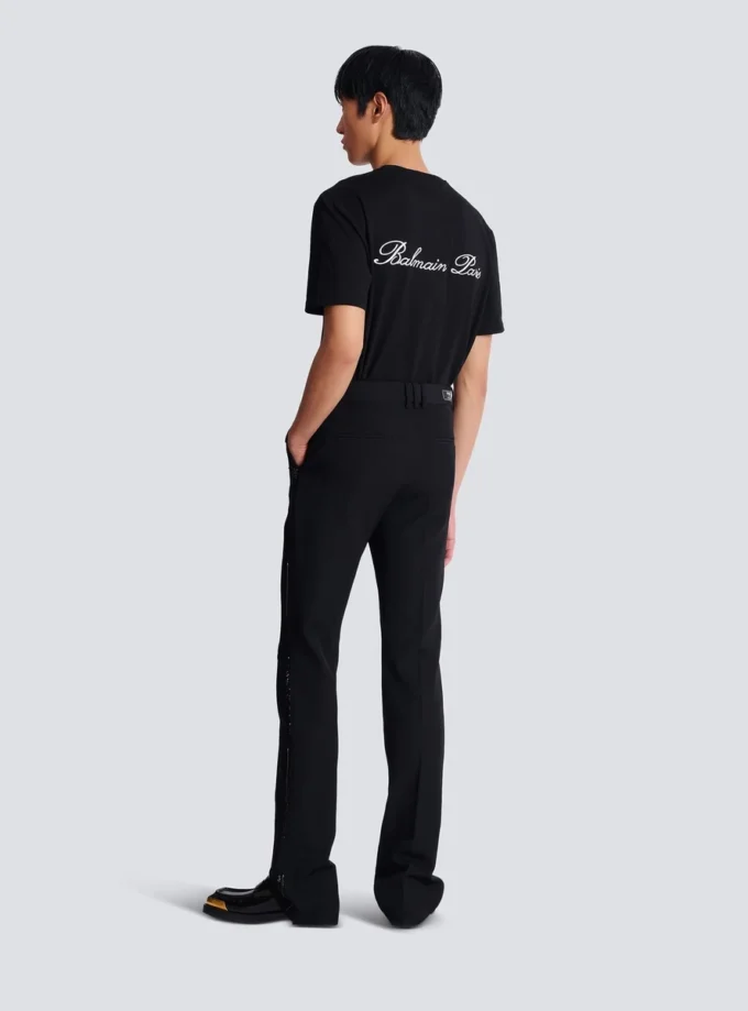 Gerade geschnittene Wollhose mit Kristallstickerei Gerade geschnittene Wollhose mit Kristallstickerei