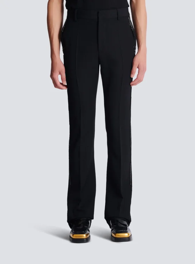 Gerade geschnittene Wollhose mit Kristallstickerei Gerade geschnittene Wollhose mit Kristallstickerei