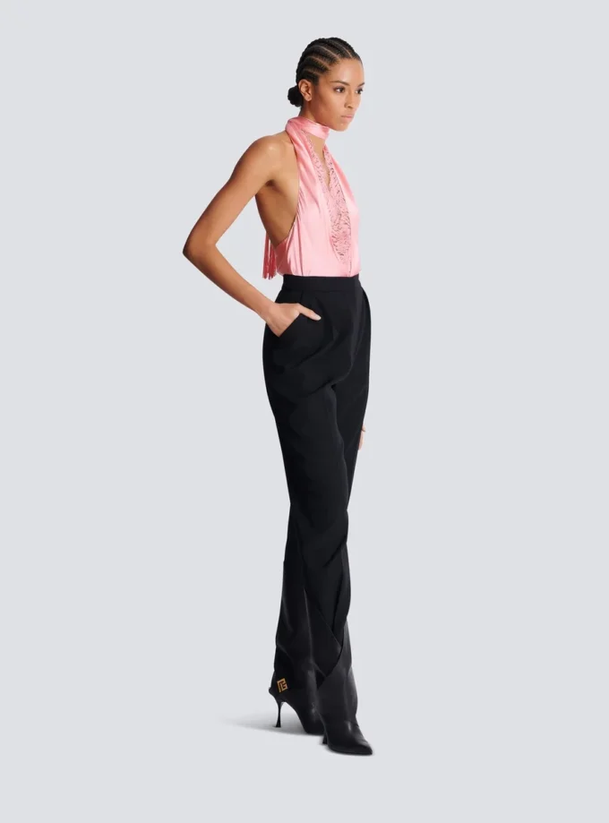 Hoch taillierte Hose mit Grain-de-Poudre-Muster