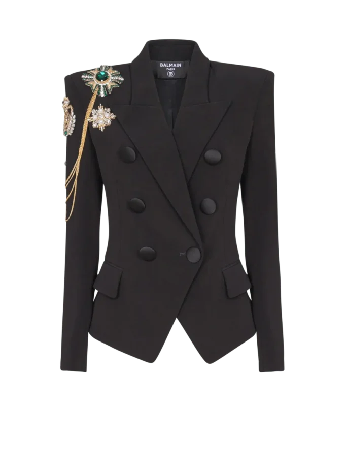 Jacke aus Crêpe mit 6 Knöpfen und gestickten Aufnähern Jacke aus Crêpe mit 6 Knöpfen und gestickten Aufnähern