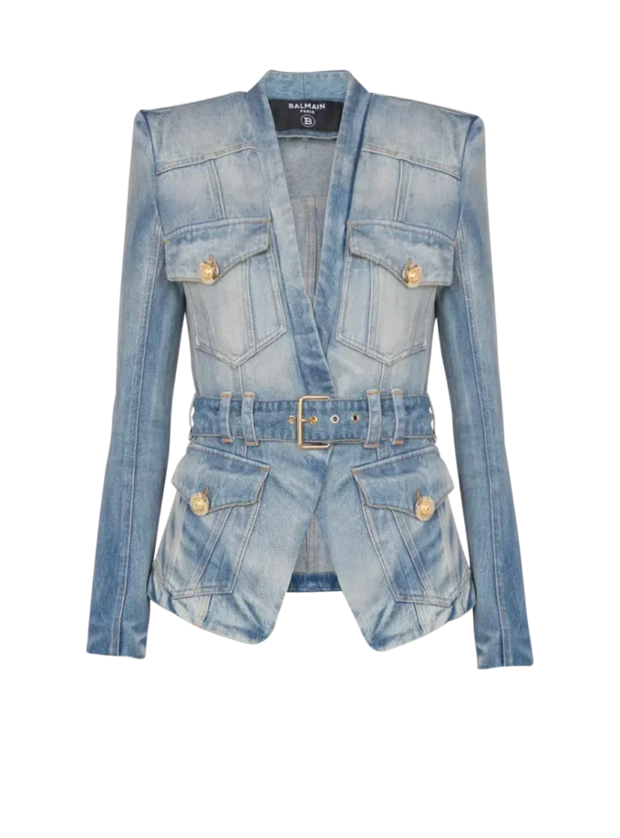 Jeansjacke mit 1 Knopf und Gürtel Jeansjacke mit 1 Knopf und Gürtel