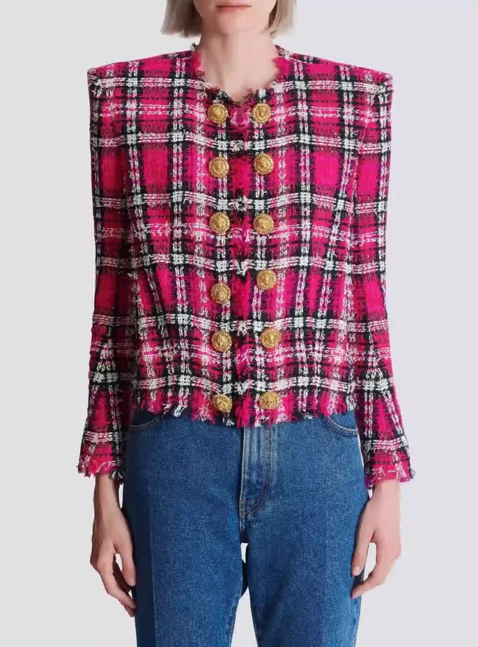 Kurze Jacke aus glitzerndem Tweed mit Karomuster Kurze Jacke aus glitzerndem Tweed mit Karomuster