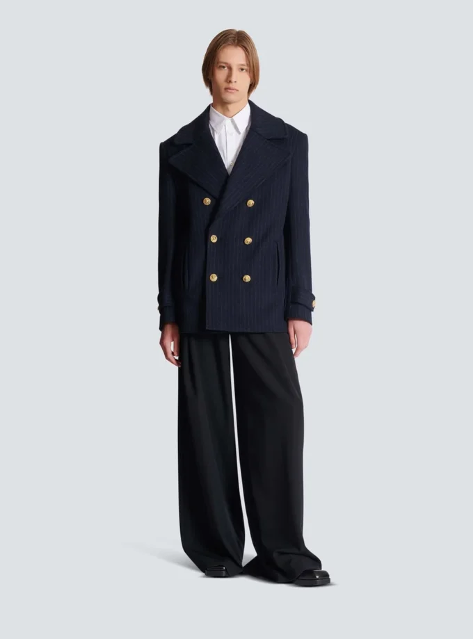 Kurzer gestreifter Woll-Pea-Coat Kurzer gestreifter Woll-Pea-Coat