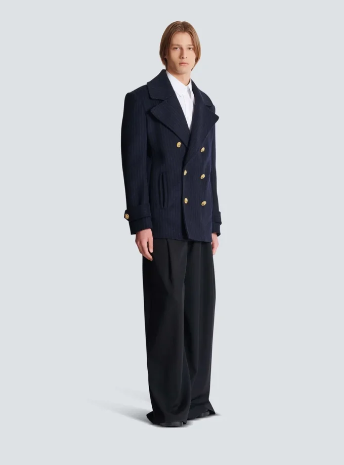 Kurzer gestreifter Woll-Pea-Coat Kurzer gestreifter Woll-Pea-Coat