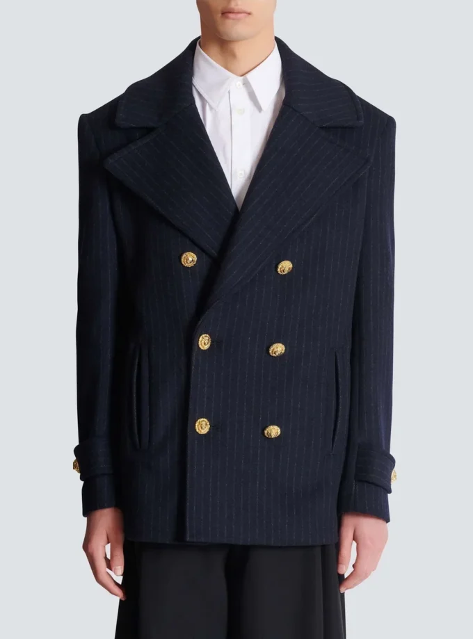 Kurzer gestreifter Woll-Pea-Coat Kurzer gestreifter Woll-Pea-Coat
