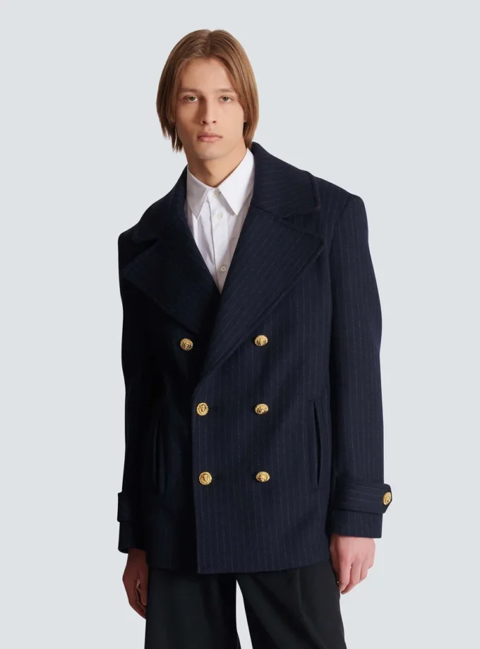 Kurzer gestreifter Woll-Pea-Coat Kurzer gestreifter Woll-Pea-Coat