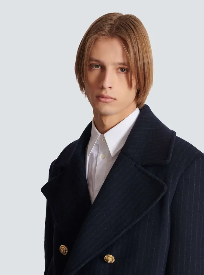 Kurzer gestreifter Woll-Pea-Coat Kurzer gestreifter Woll-Pea-Coat