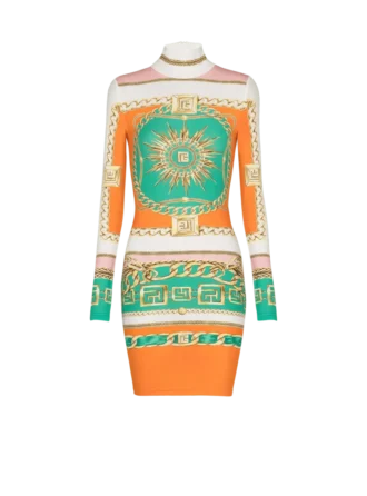 Kurzes, bedrucktes Bodycon-Kleid mit Balmain-Foulard-Muster