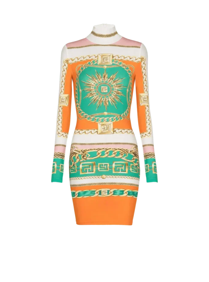 Kurzes, bedrucktes Bodycon-Kleid mit Balmain-Foulard-Muster Kurzes, bedrucktes Bodycon-Kleid mit Balmain-Foulard-Muster