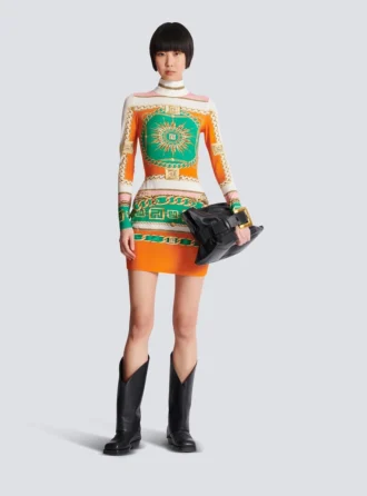 Kurzes, bedrucktes Bodycon-Kleid mit Balmain-Foulard-Muster