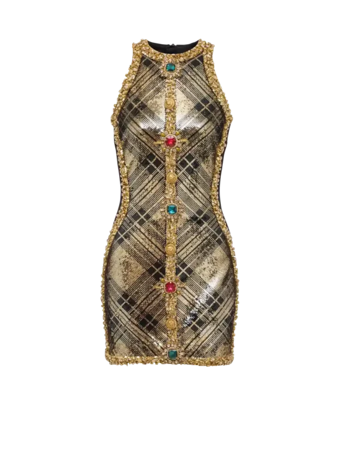 Kurzes, ärmelloses Kleid mit Karo-Stickerei Kurzes, ärmelloses Kleid mit Karo-Stickerei