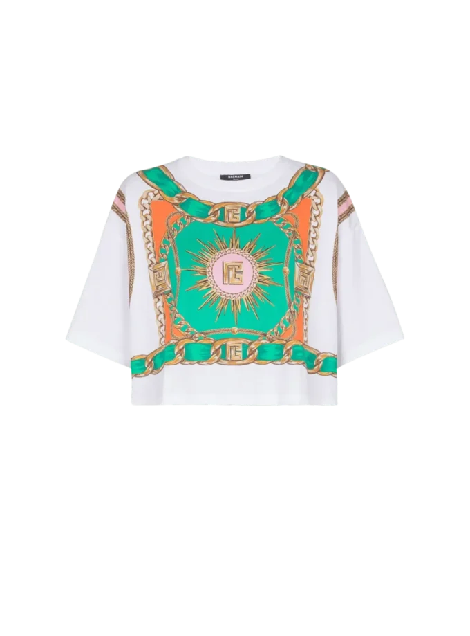 Kurzes T-Shirt mit Balmain Foulard-Print Kurzes T-Shirt mit Balmain Foulard-Print