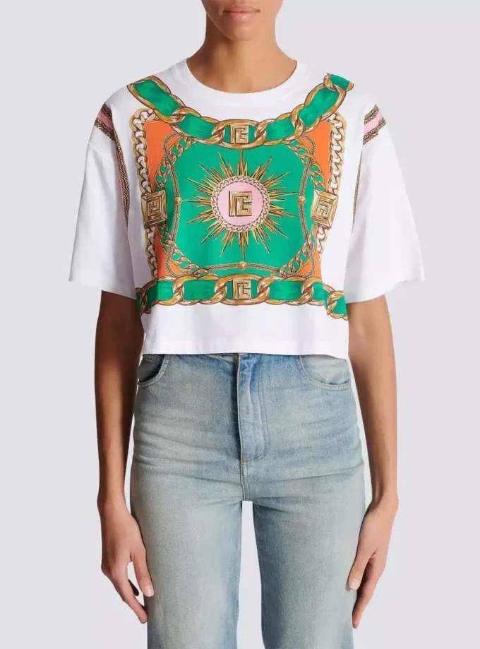 Kurzes T-Shirt mit Balmain Foulard-Print Kurzes T-Shirt mit Balmain Foulard-Print
