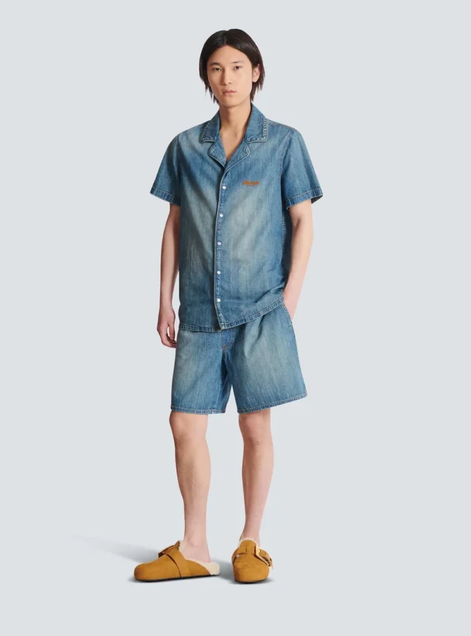 Kurzärmeliges Pyjamahemd aus verwaschenem Denim