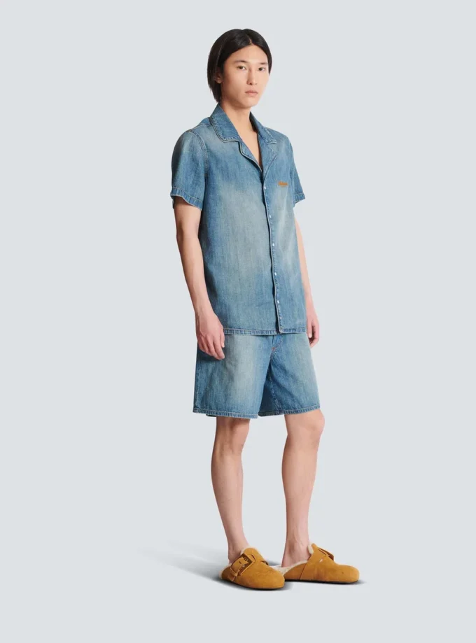 Kurzärmeliges Pyjamahemd aus verwaschenem Denim