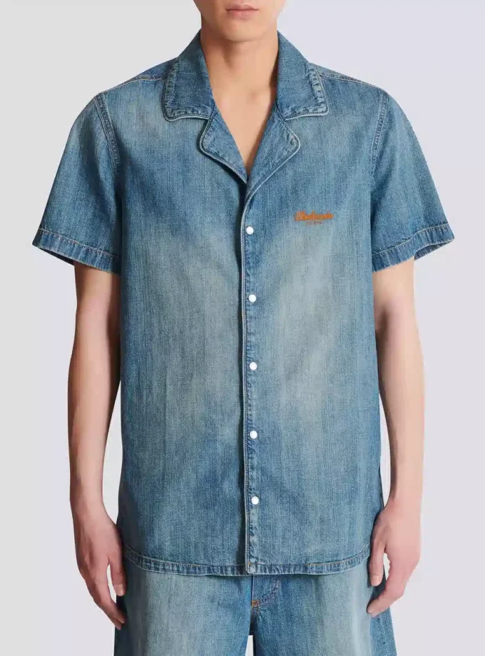 Kurzärmeliges Pyjamahemd aus verwaschenem Denim