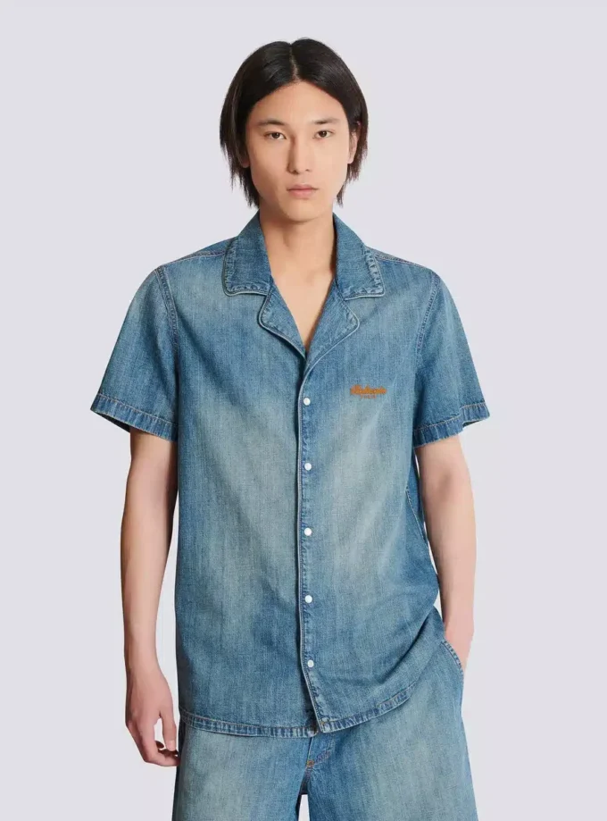 Kurzärmeliges Pyjamahemd aus verwaschenem Denim