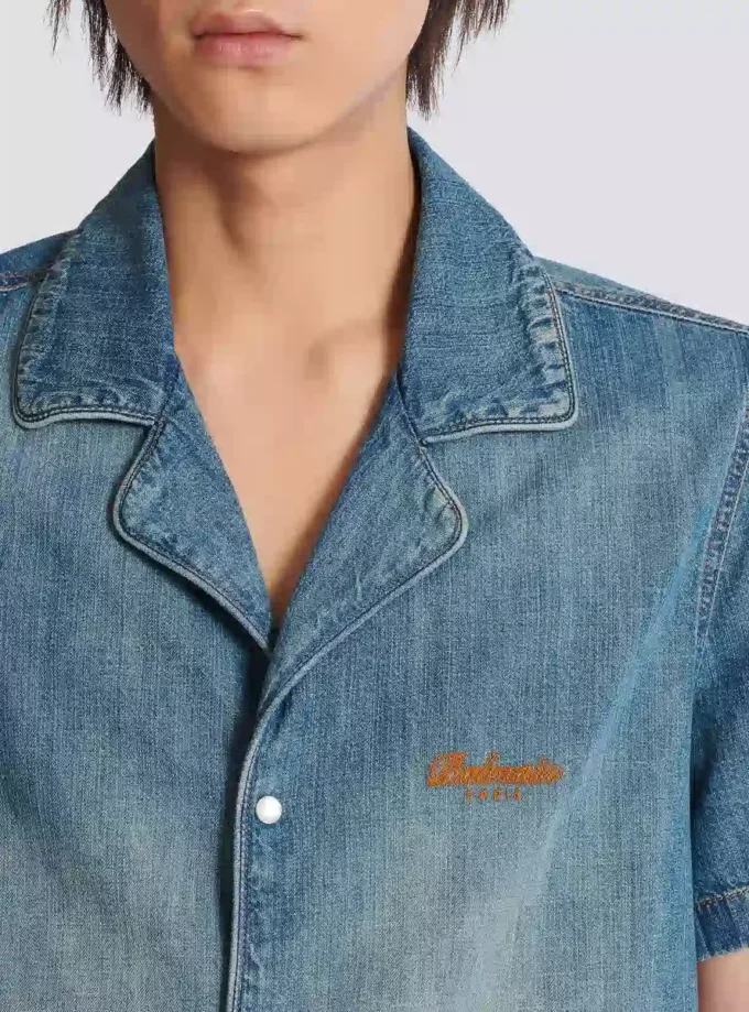 Kurzärmeliges Pyjamahemd aus verwaschenem Denim