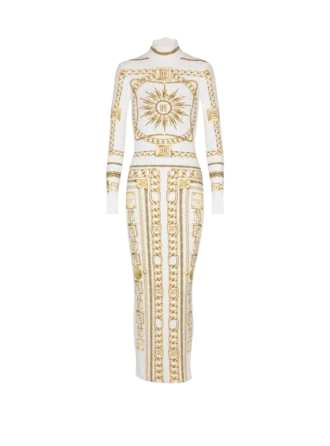 Langes, bedrucktes Bodycon-Kleid mit Balmain-Foulard-Muster