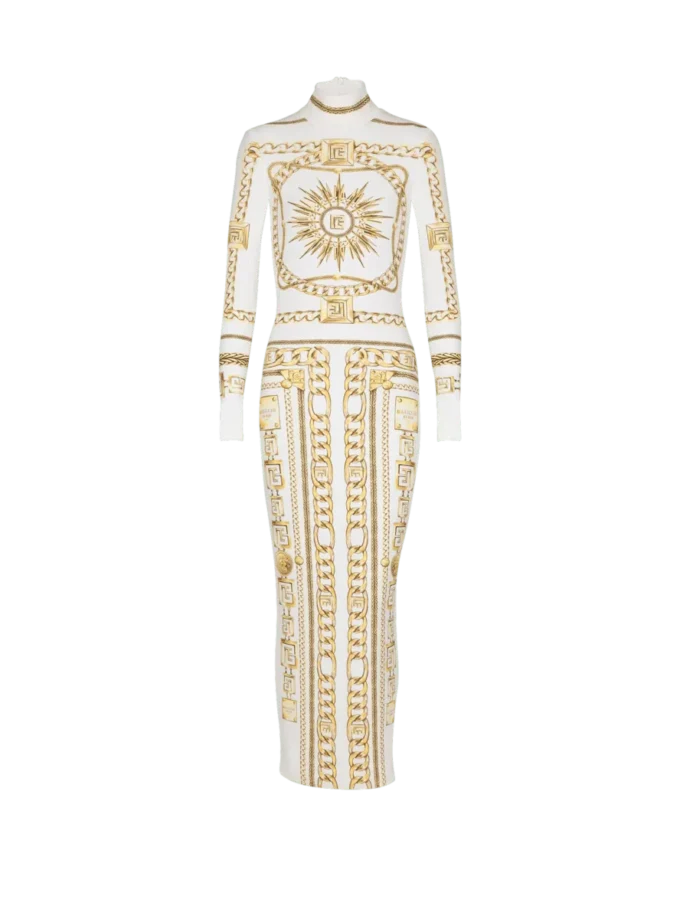 Langes, bedrucktes Bodycon-Kleid mit Balmain-Foulard-Muster Langes, bedrucktes Bodycon-Kleid mit Balmain-Foulard-Muster