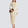 Langes, bedrucktes Bodycon-Kleid mit Balmain-Foulard-Muster Langes, bedrucktes Bodycon-Kleid mit Balmain-Foulard-Muster
