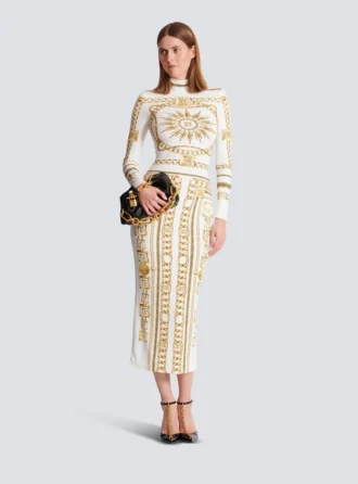 Langes, bedrucktes Bodycon-Kleid mit Balmain-Foulard-Muster