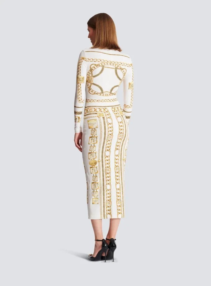 Langes, bedrucktes Bodycon-Kleid mit Balmain-Foulard-Muster Langes, bedrucktes Bodycon-Kleid mit Balmain-Foulard-Muster