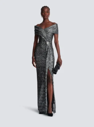 Langes, drapiertes Paillettenkleid